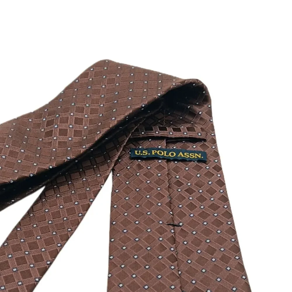 U.S. Polo Assn Silk Tie Mens 60” Brown Geometric Lattice Designer Classic New